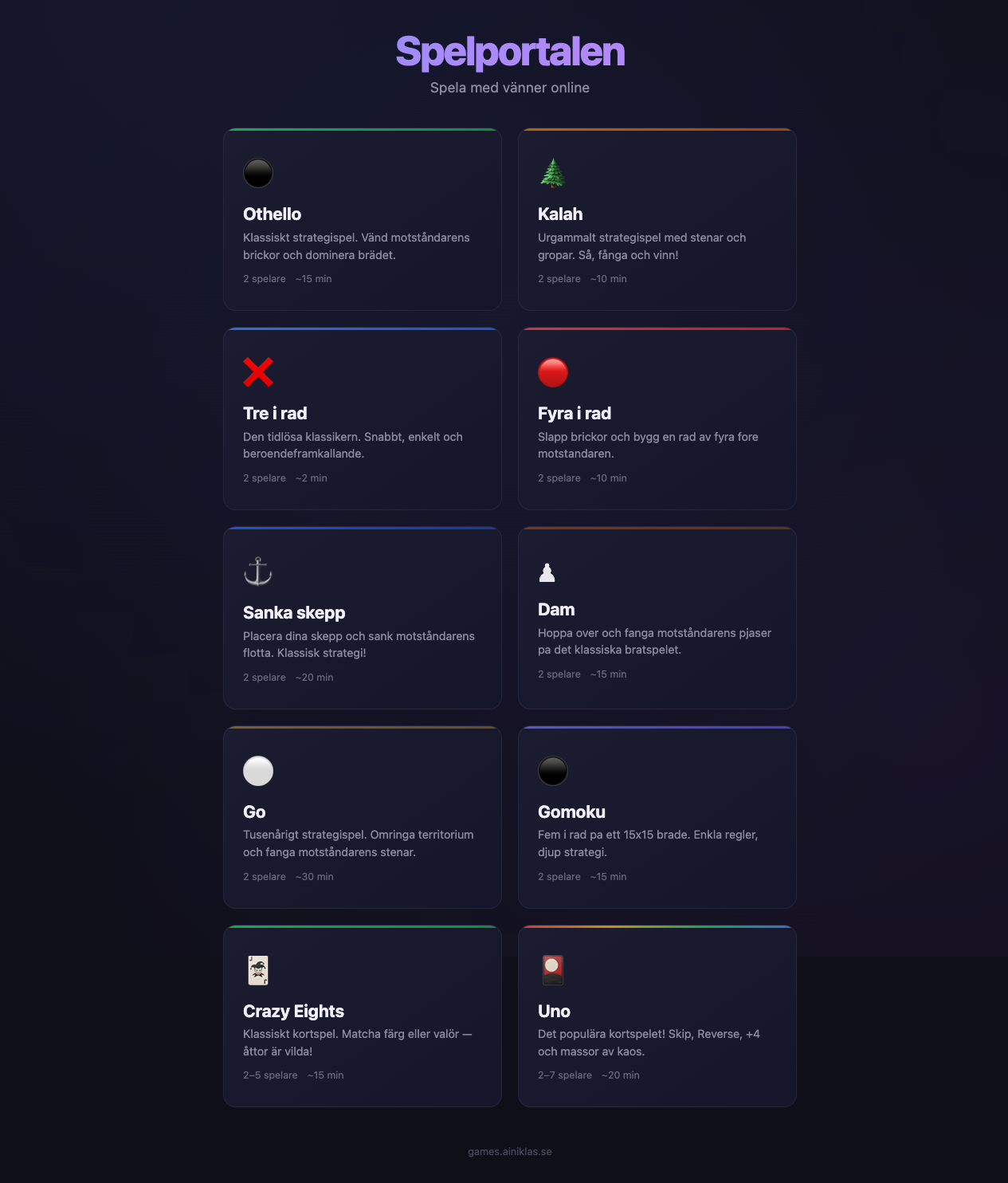 Spelportalen — alla tio spel i lobbyn