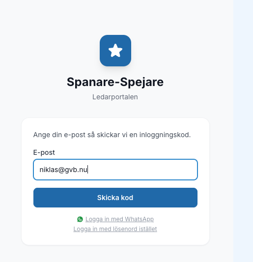 Inloggning med e-post – ange e-post och få kod